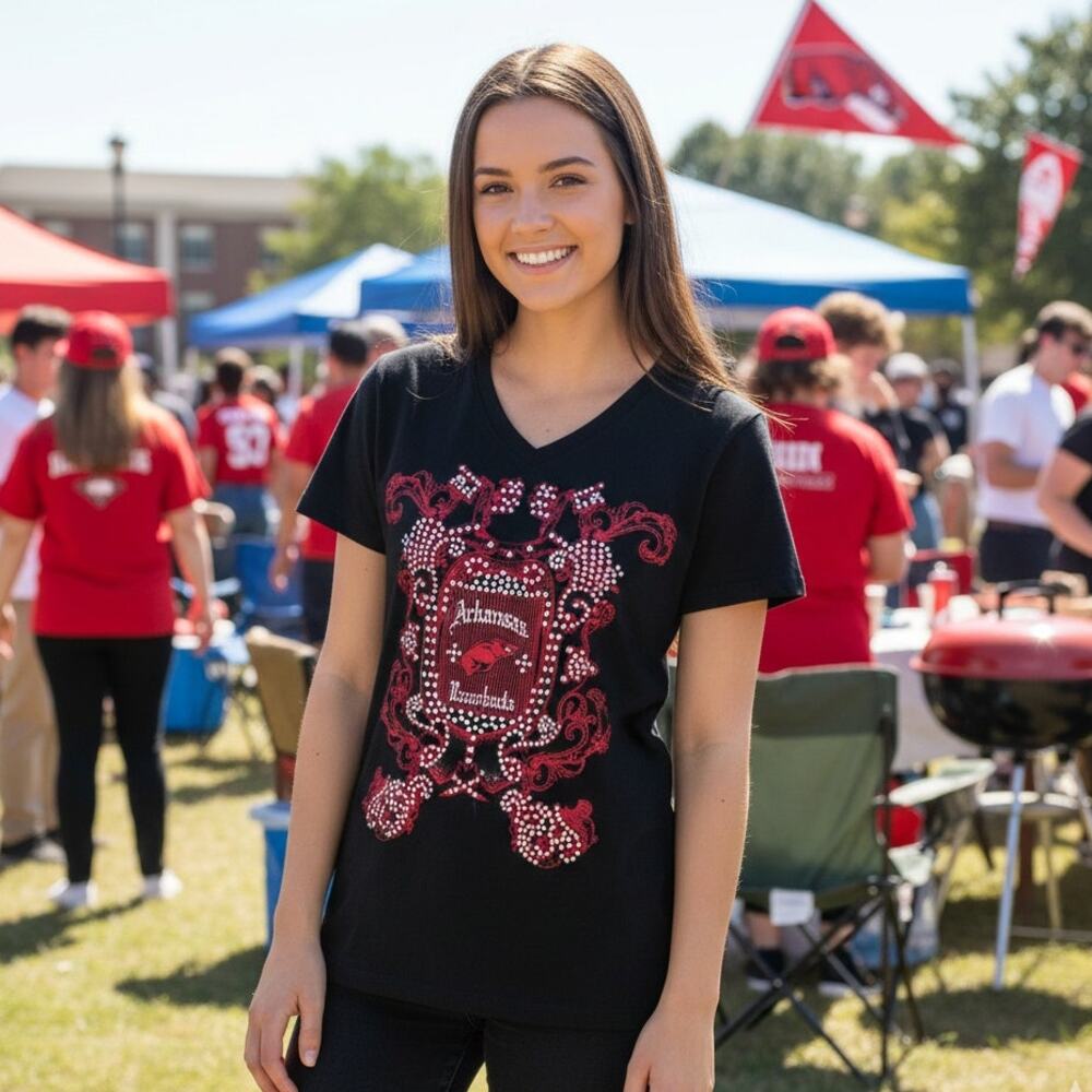 Arkansas Razorbacks College Team Rhinestones Womens Medium Short Sleeve Shirt